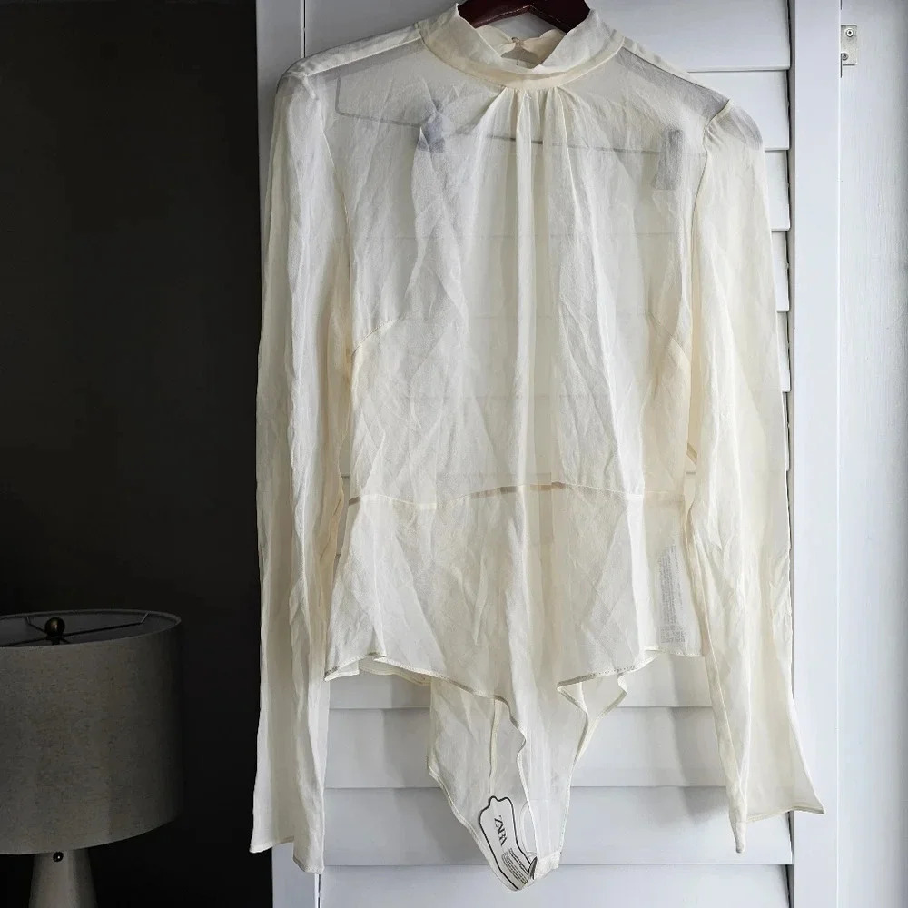 Zara Sheer Bodysuit Backless Ivory Size  M